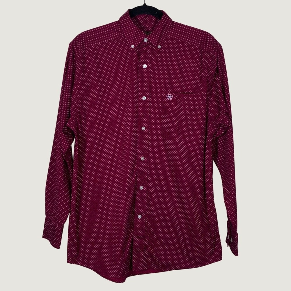Ariat Mens Small Burgundy Geometric Dot Stretch Long Sleeve Button Down Shirt